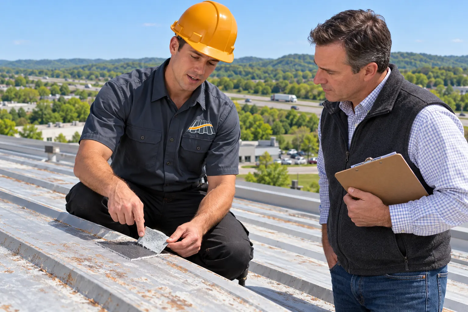 Roofer showing a building owner an open lap during a Bowling Green roof walk